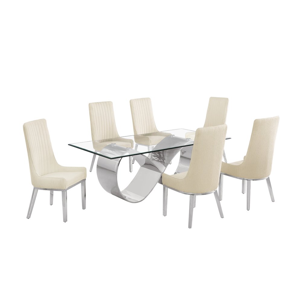 7Pc Tempered Glass Dining Set With 6 Cream Boucle Side Chairs And A Silver Base. Picture 1