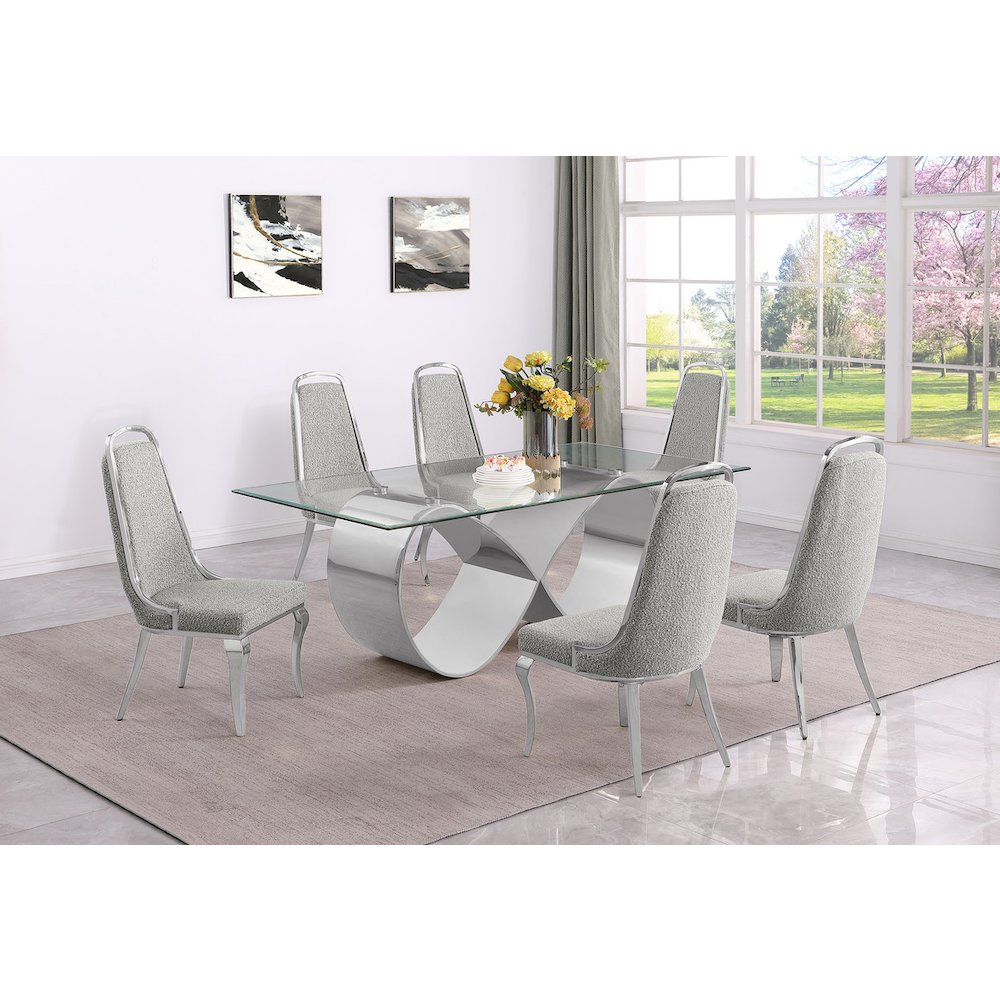 7Pc Tempered Glass Dining Set 6 Rich Gray Boucle Side Chairs And A Silver Base. Picture 7