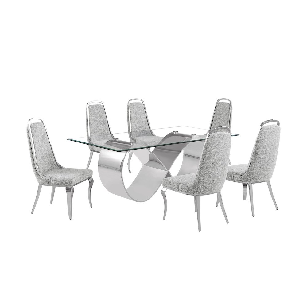 7Pc Tempered Glass Dining Set 6 Rich Gray Boucle Side Chairs And A Silver Base. Picture 1