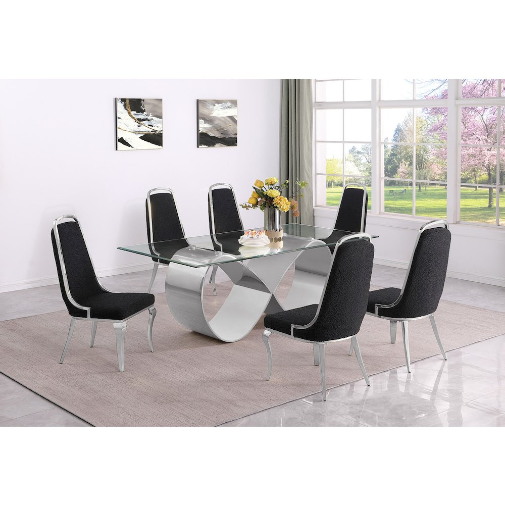7Pc Tempered Glass Dining Set With 6 Black Boucle Side Chairs And A Silver Base. Picture 7
