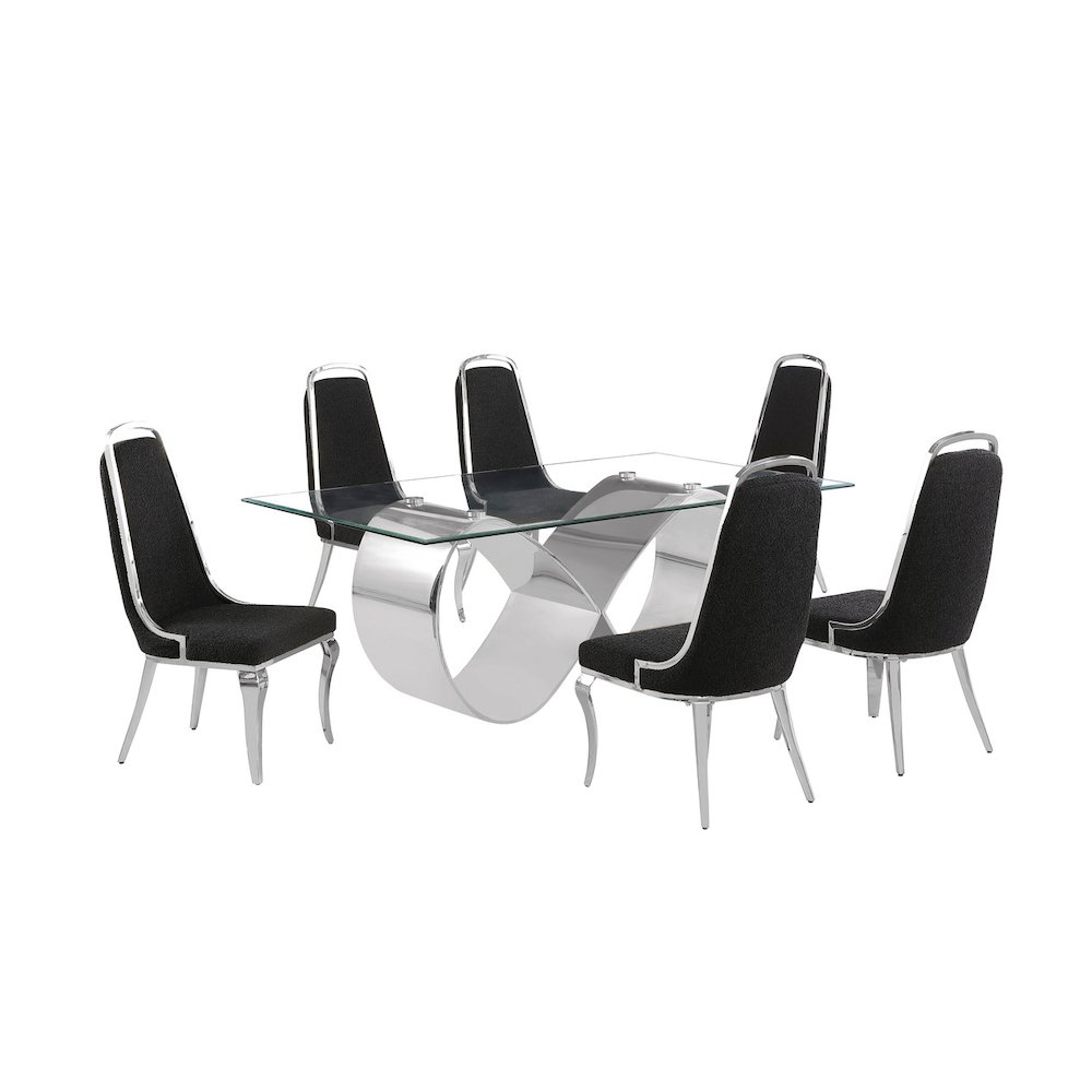 7Pc Tempered Glass Dining Set With 6 Black Boucle Side Chairs And A Silver Base. Picture 1