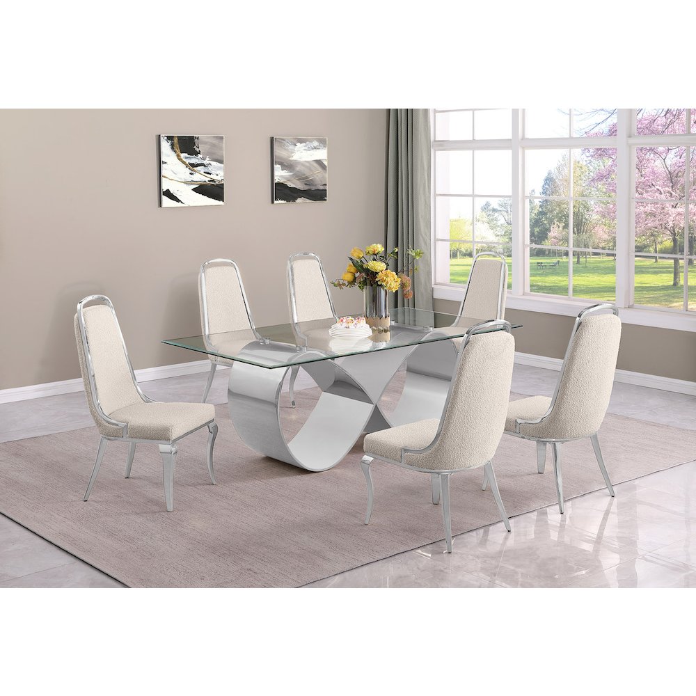 7Pc Tempered Glass Dining Set With 6 Cream Boucle Side Chairs And A Silver Base. Picture 7
