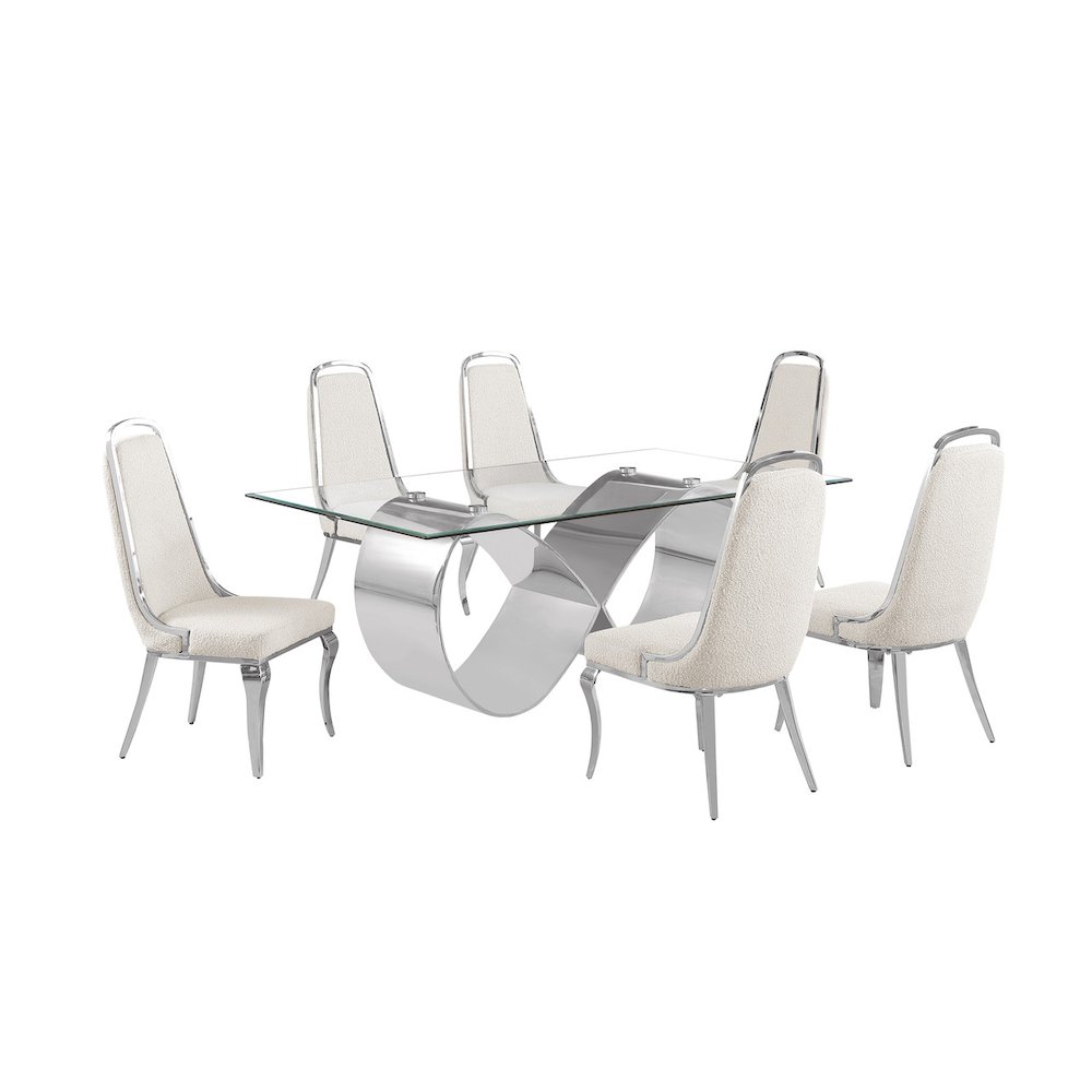 7Pc Tempered Glass Dining Set With 6 Cream Boucle Side Chairs And A Silver Base. Picture 1