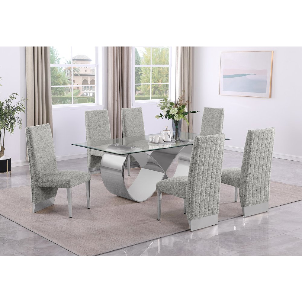7Pc Tempered Glass Dining Set 6 Rich Gray Boucle Side Chairs And A Silver Base. Picture 7