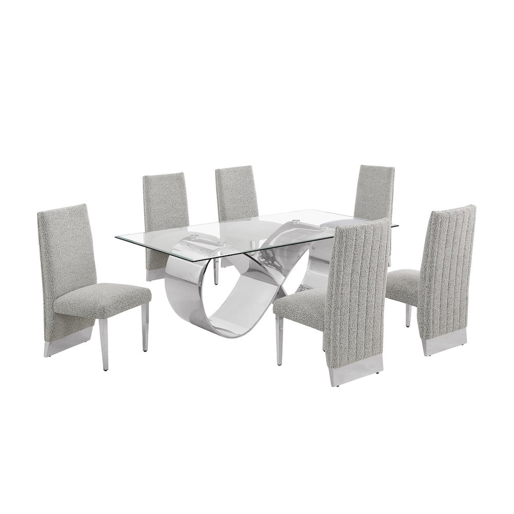 7Pc Tempered Glass Dining Set 6 Rich Gray Boucle Side Chairs And A Silver Base. Picture 1