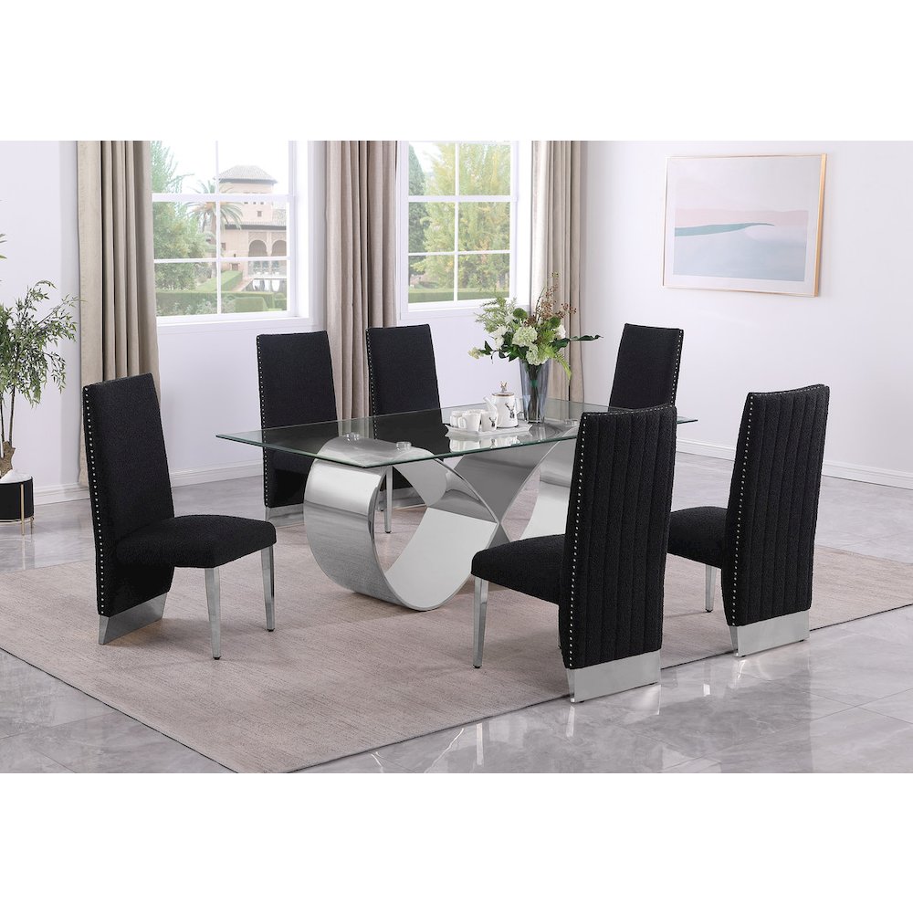 7Pc Tempered Glass Dining Set With 6 Black Boucle Side Chairs And A Silver Base. Picture 6