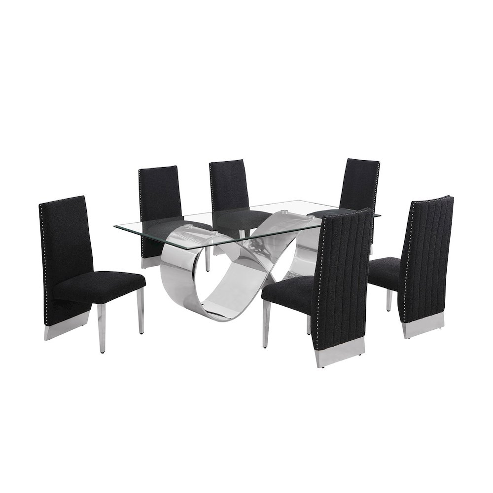 7Pc Tempered Glass Dining Set With 6 Black Boucle Side Chairs And A Silver Base. Picture 1