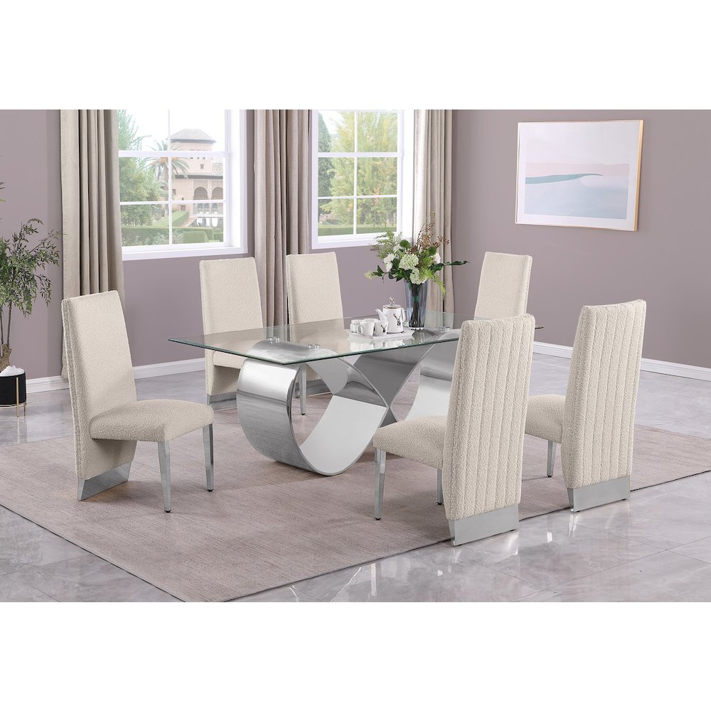 7Pc Tempered Glass Dining Set With 6 Cream Boucle Side Chairs And A Silver Base. Picture 6