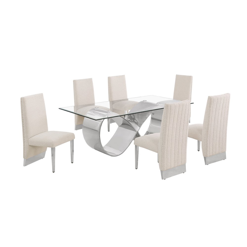 7Pc Tempered Glass Dining Set With 6 Cream Boucle Side Chairs And A Silver Base. Picture 1