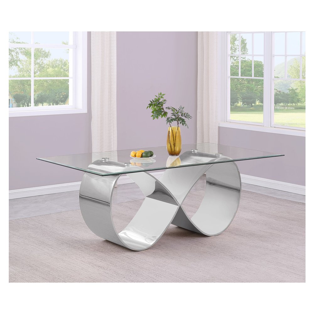 78X42 Tempered Glass Dining Table With An Infinity Silver Stainless Steel Base. Picture 4