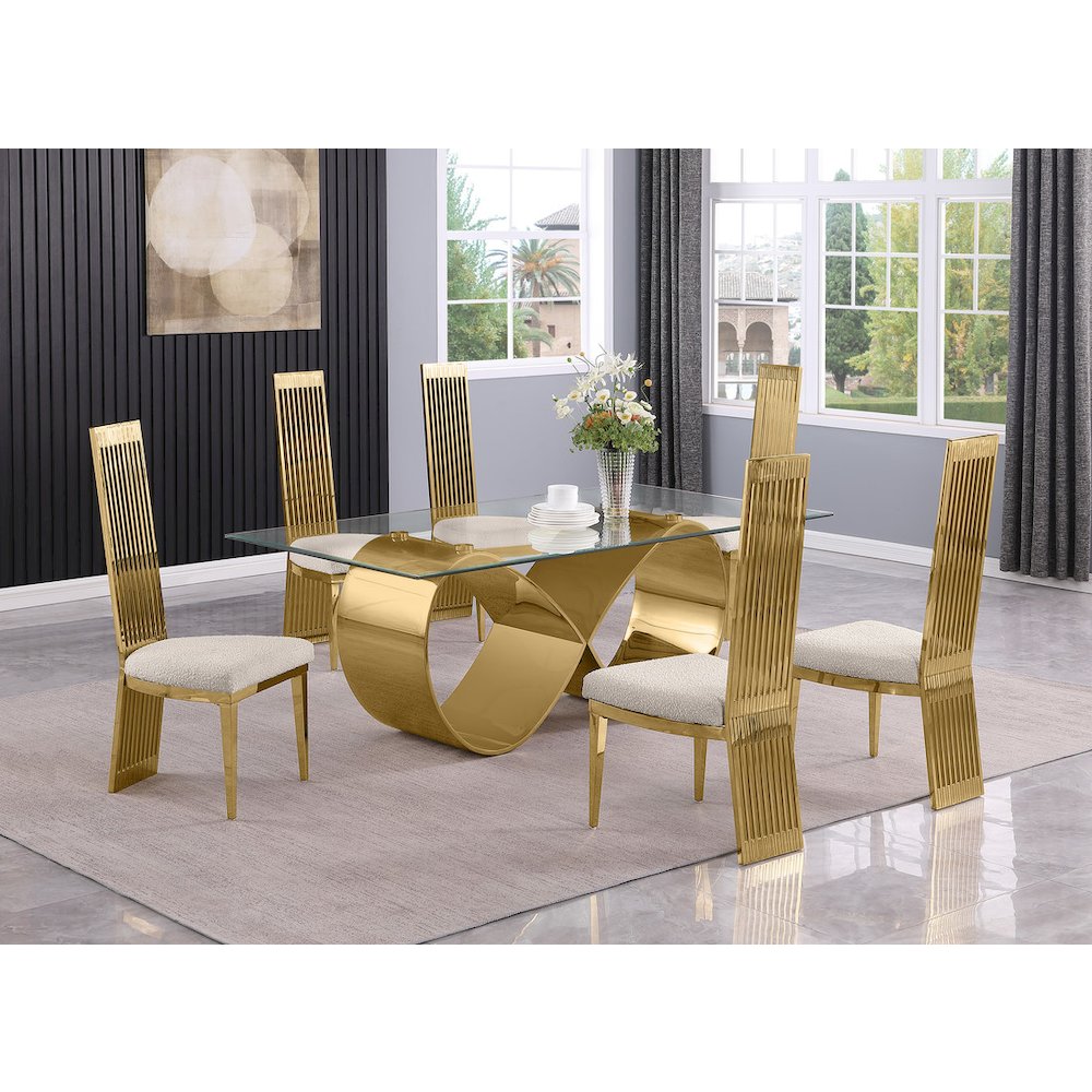 7Pc Tempered Glass Dining Set With 6 Cream Boucle Fabric Side Chairs. Picture 7
