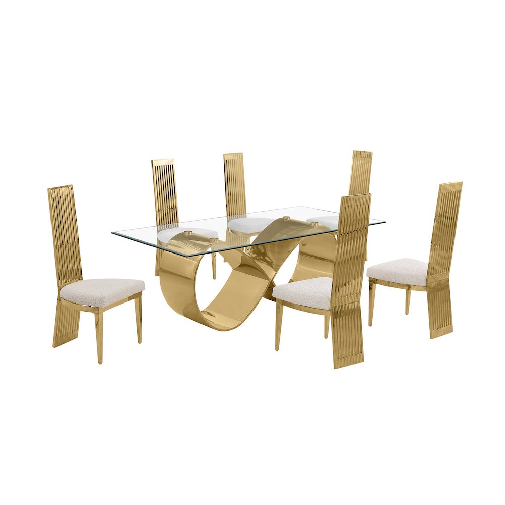 7Pc Tempered Glass Dining Set With 6 Cream Boucle Fabric Side Chairs. Picture 1
