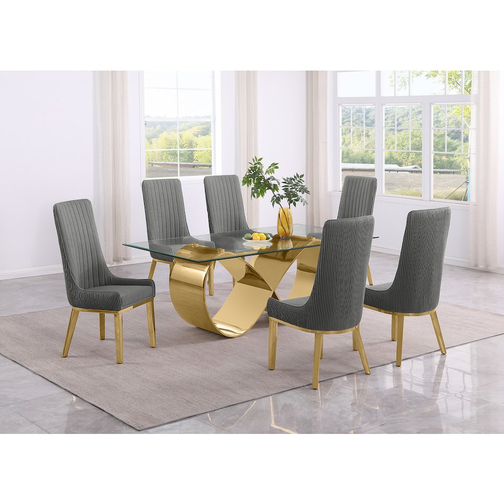 7Pc Tempered Glass Dining Set 6 Rich Gray Boucle Side Chairs And A Gold Base. Picture 7
