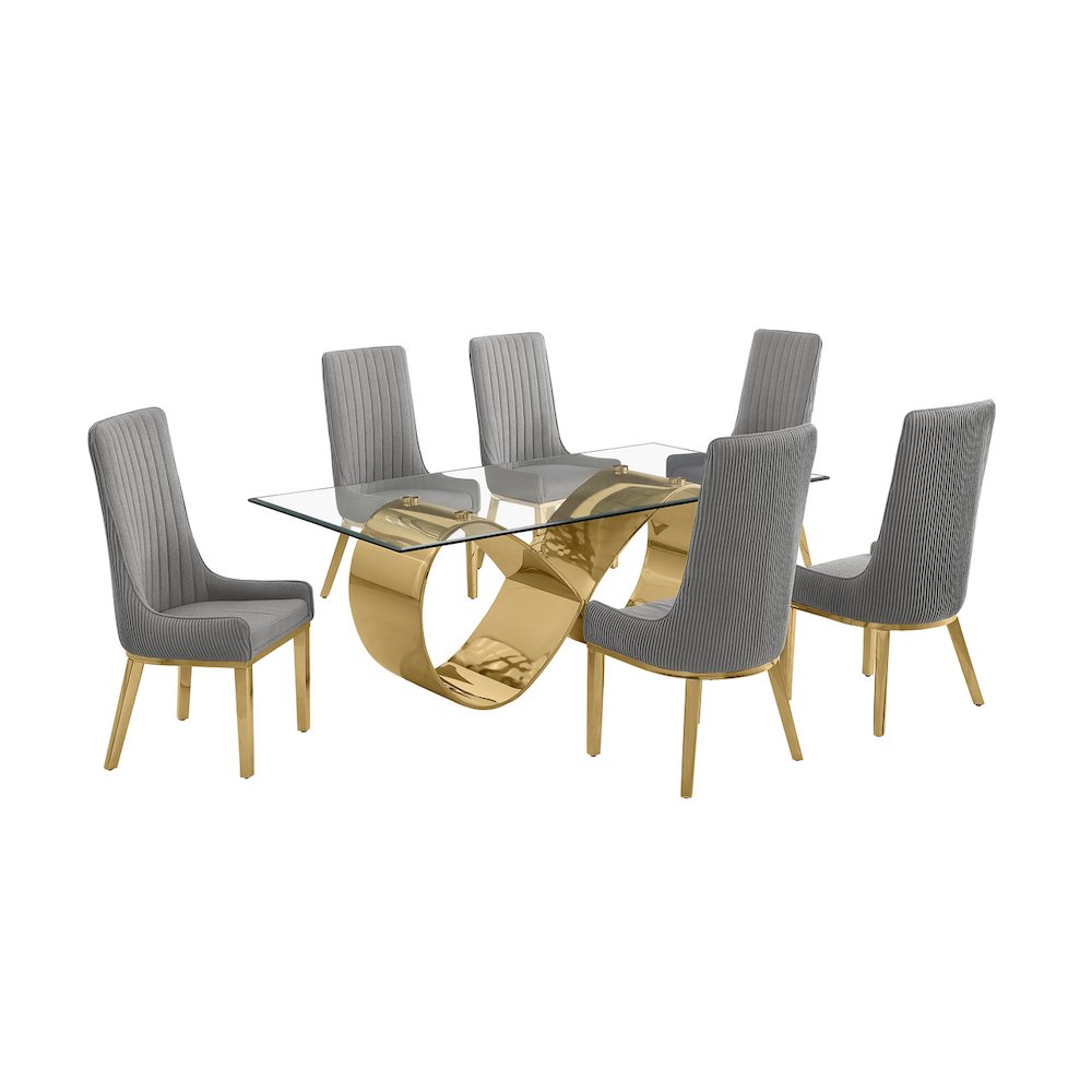7Pc Tempered Glass Dining Set 6 Rich Gray Boucle Side Chairs And A Gold Base. Picture 1