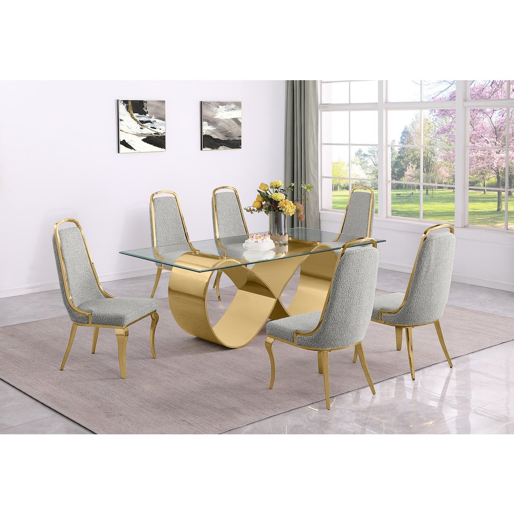 7Pc Tempered Glass Dining Set 6 Rich Gray Boucle Side Chairs And A Gold Base. Picture 7