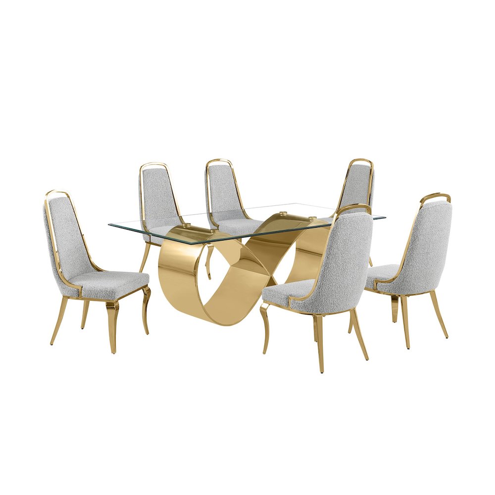 7Pc Tempered Glass Dining Set 6 Rich Gray Boucle Side Chairs And A Gold Base. Picture 1
