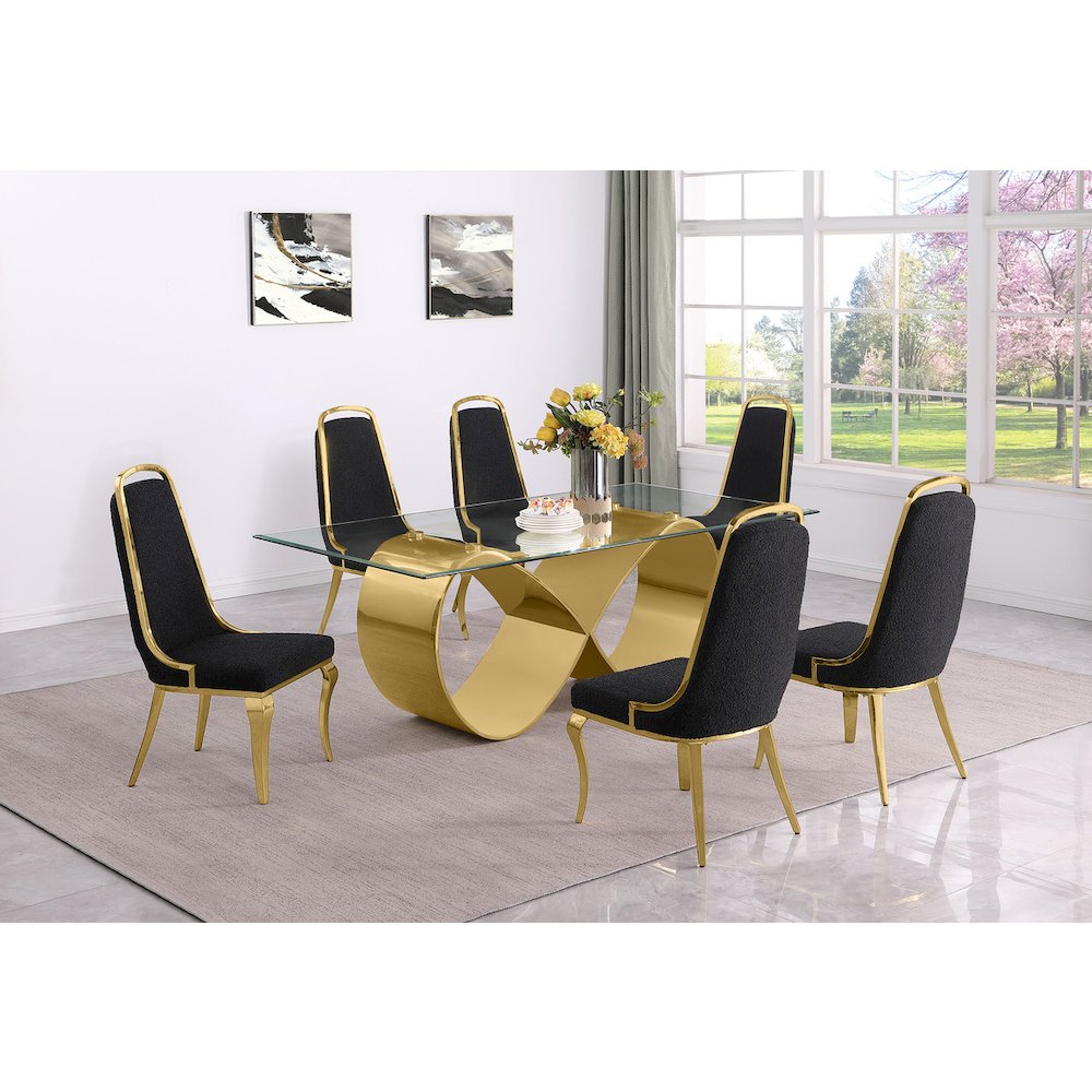 7Pc Tempered Glass Dining Set With 6 Black Boucle Side Chairs And A Gold Base. Picture 7