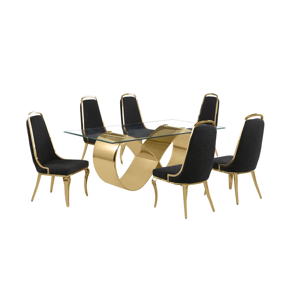 7Pc Tempered Glass Dining Set With 6 Black Boucle Side Chairs And A Gold Base. Picture 1