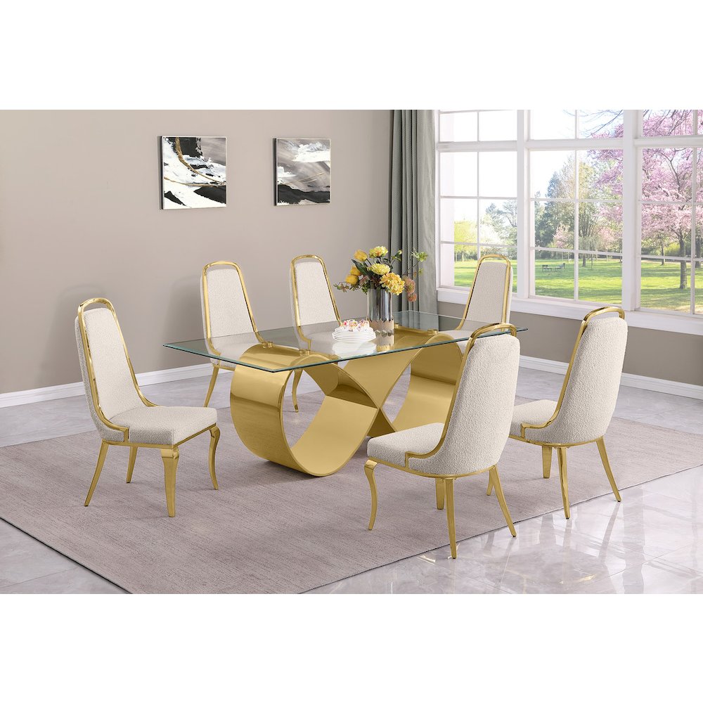 7Pc Tempered Glass Dining Set With 6 Cream Boucle Side Chairs And A Gold Base. Picture 7