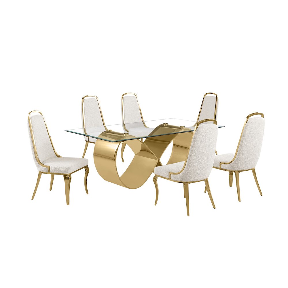 7Pc Tempered Glass Dining Set With 6 Cream Boucle Side Chairs And A Gold Base. Picture 1