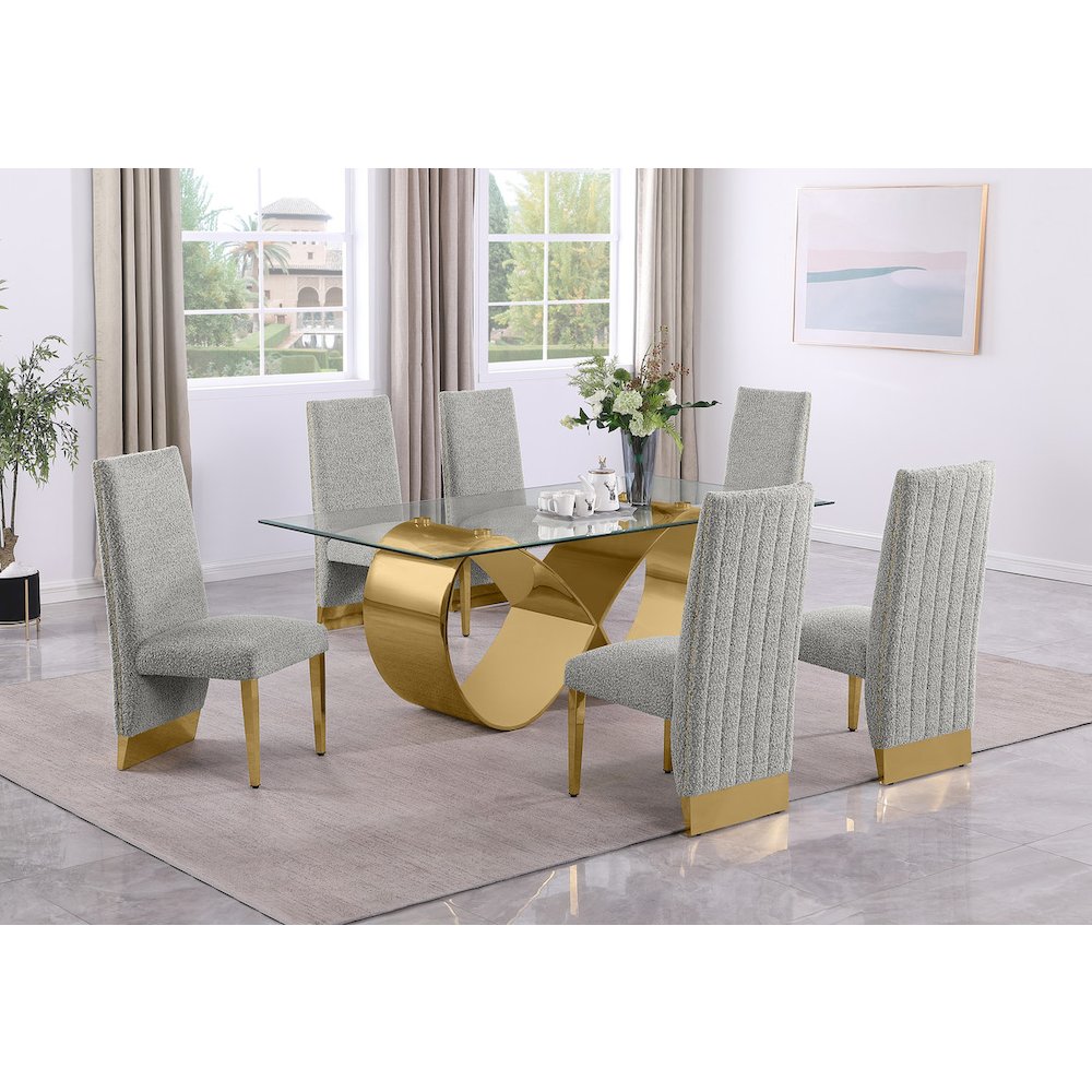 7Pc Tempered Glass Dining Set 6 Rich Gray Boucle Side Chairs And A Gold Base. Picture 7