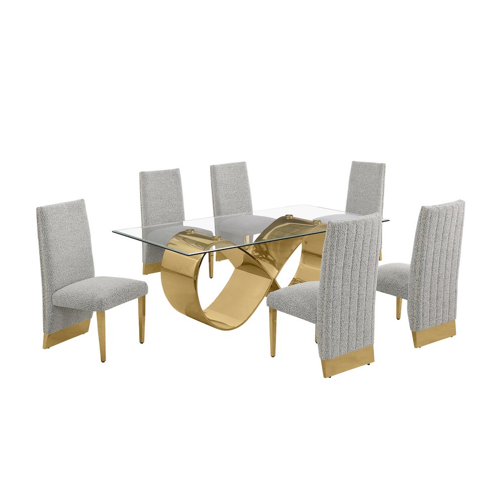 7Pc Tempered Glass Dining Set 6 Rich Gray Boucle Side Chairs And A Gold Base. Picture 1
