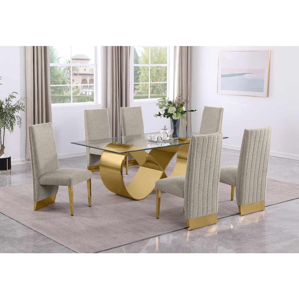 7Pc Tempered Glass Dining Set With 6 Gray Boucle Side Chairs And A Gold Base. Picture 6