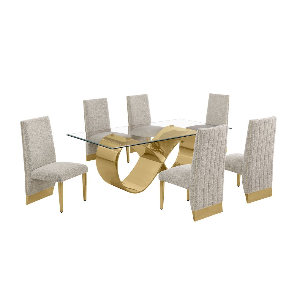 7Pc Tempered Glass Dining Set With 6 Gray Boucle Side Chairs And A Gold Base. Picture 1