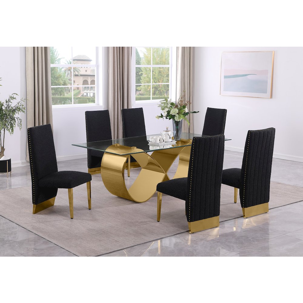 7Pc Tempered Glass Dining Set With 6 Black Boucle Side Chairs And A Gold Base. Picture 6