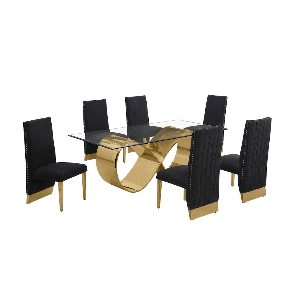 7Pc Tempered Glass Dining Set With 6 Black Boucle Side Chairs And A Gold Base. Picture 1