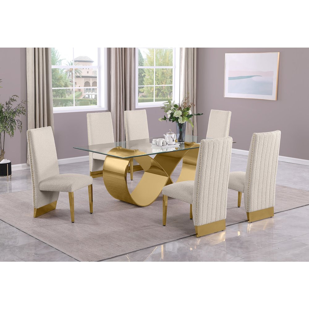 7Pc Tempered Glass Dining Set With 6 Cream Boucle Side Chairs And A Gold Base. Picture 6