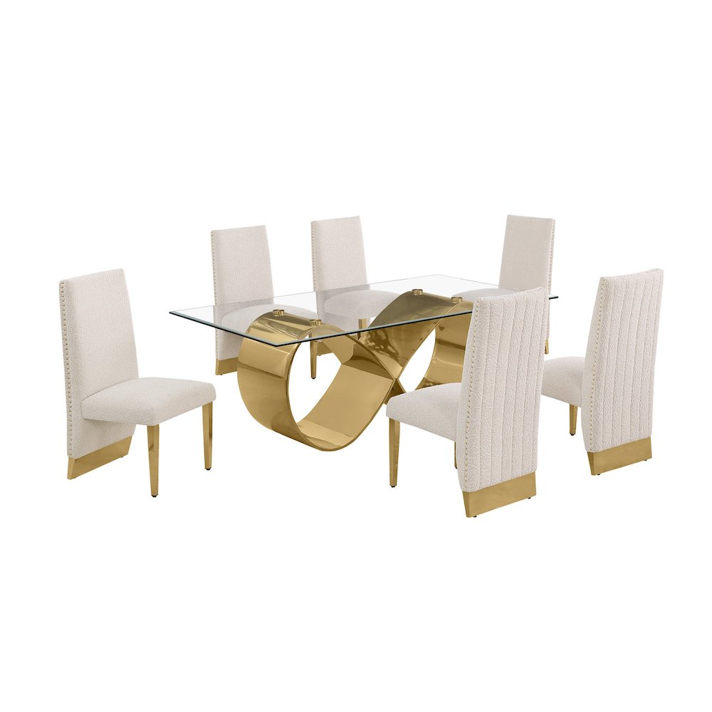 7Pc Tempered Glass Dining Set With 6 Cream Boucle Side Chairs And A Gold Base. Picture 1