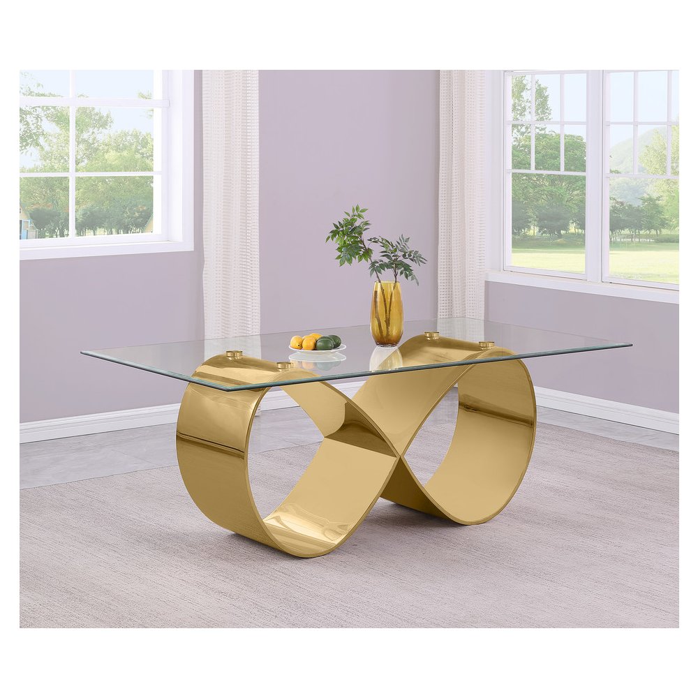 78X42 Tempered Glass Dining Table With An Infinity Gold Stainless Steel Base. Picture 4