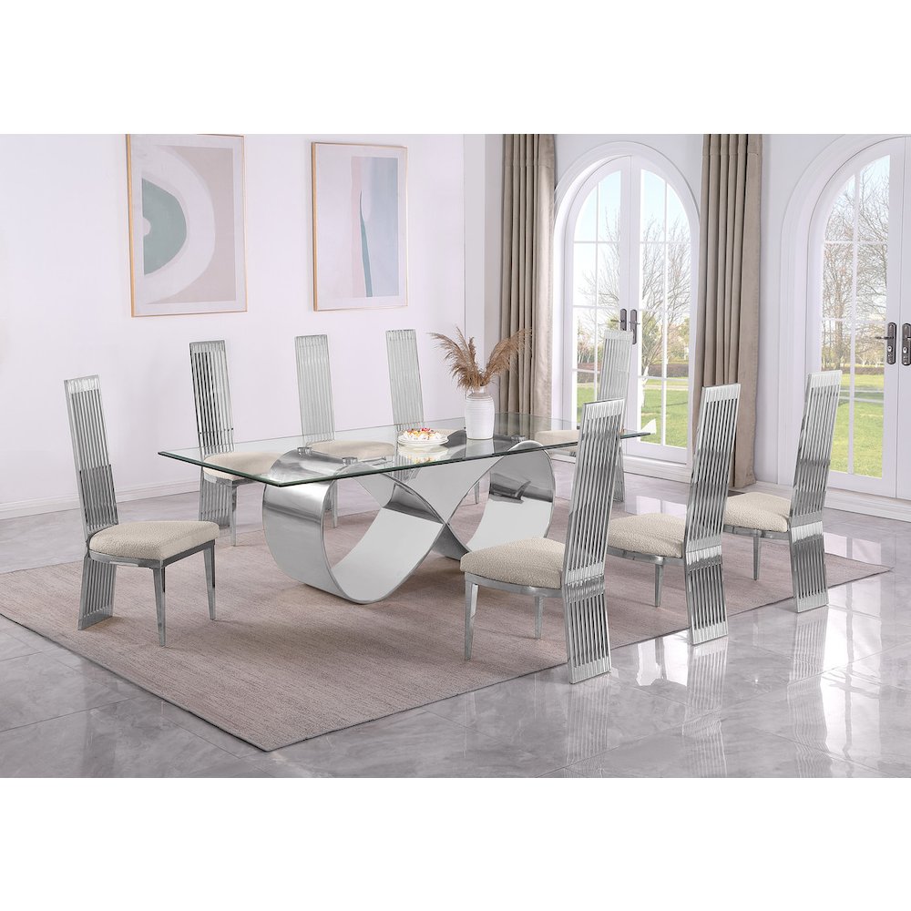 9Pc Tempered Glass Dining Set With 8 Cream Boucle Fabric Side Chairs. Picture 7