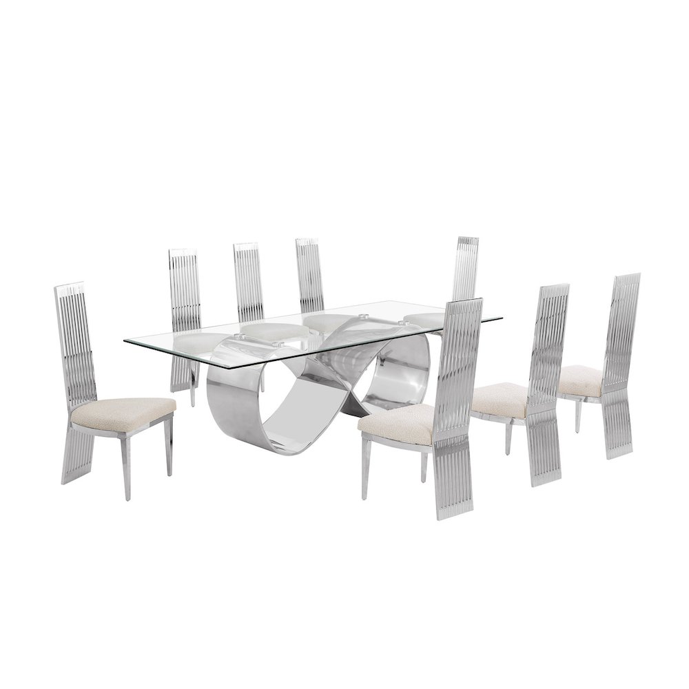 9Pc Tempered Glass Dining Set With 8 Cream Boucle Fabric Side Chairs. Picture 1
