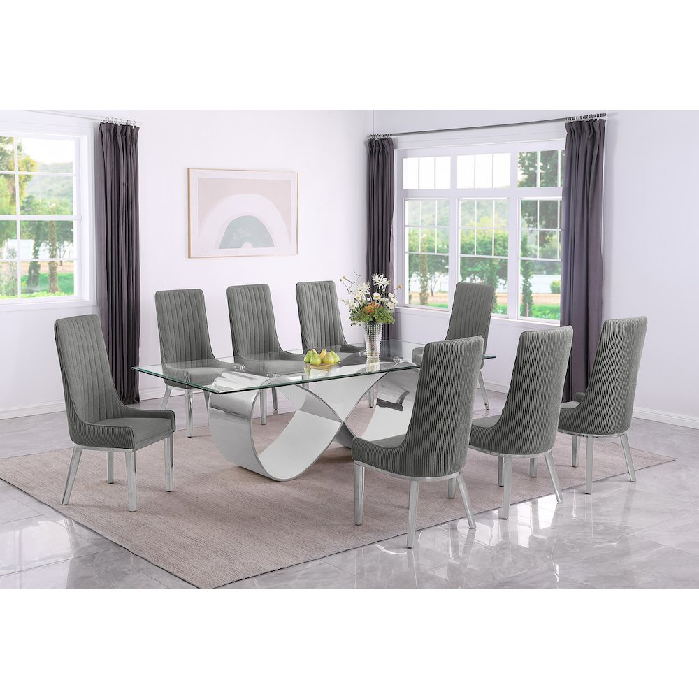 9Pc Tempered Glass Dining Set 8 Rich Gray Boucle Side Chairs And Silver Base. Picture 7