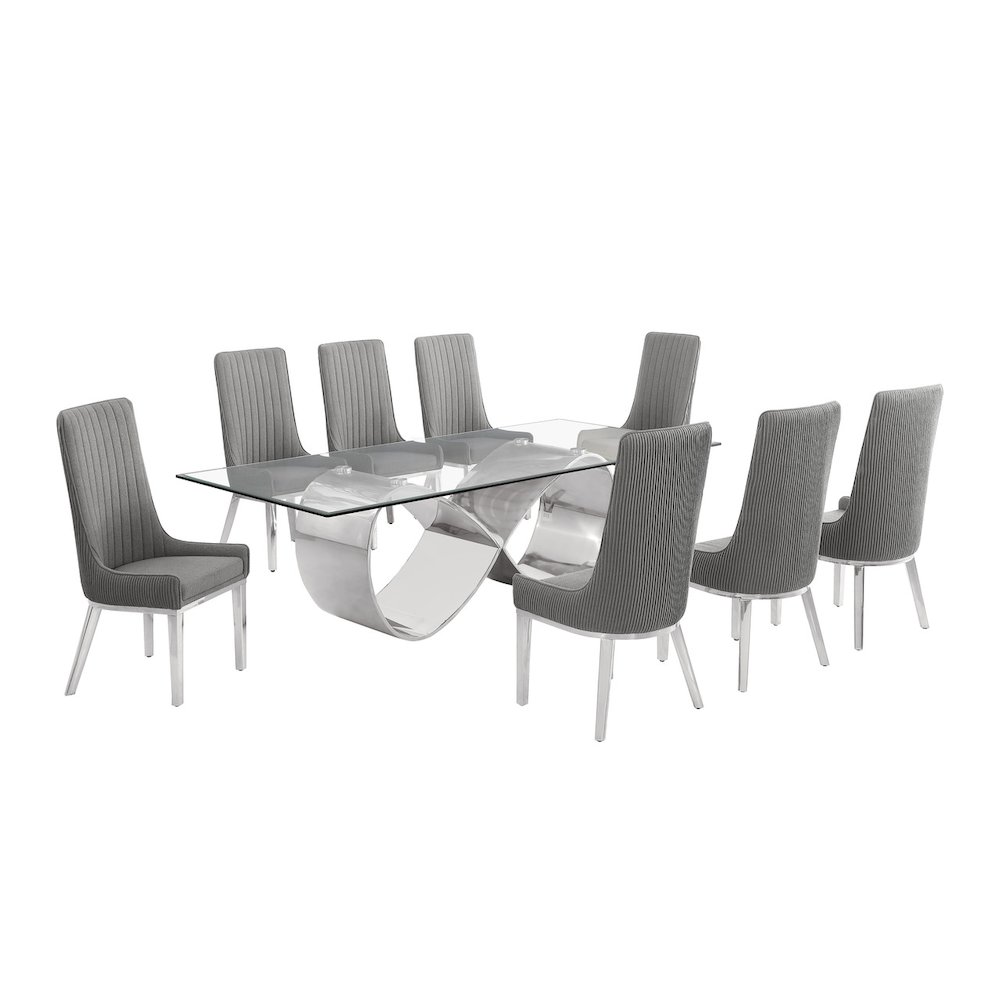 9Pc Tempered Glass Dining Set 8 Rich Gray Boucle Side Chairs And Silver Base. Picture 1