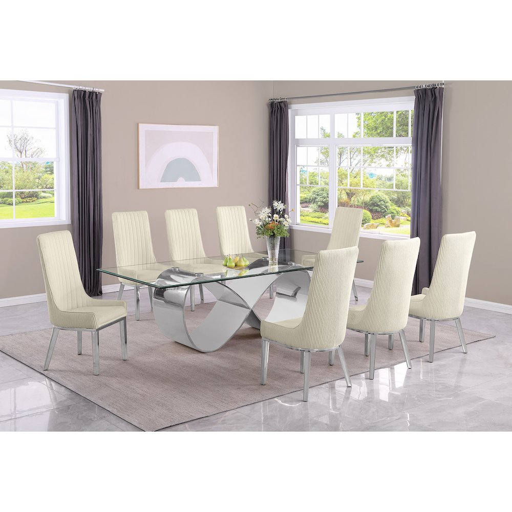 9Pc Tempered Glass Dining Set 8 Cream Boucle Side Chairs And Silver Base. Picture 6