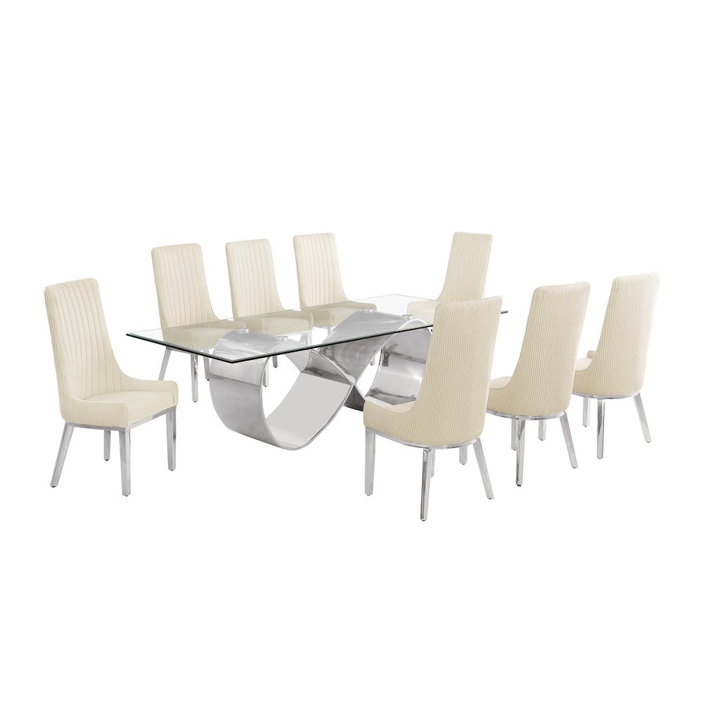 9Pc Tempered Glass Dining Set 8 Cream Boucle Side Chairs And Silver Base. Picture 1