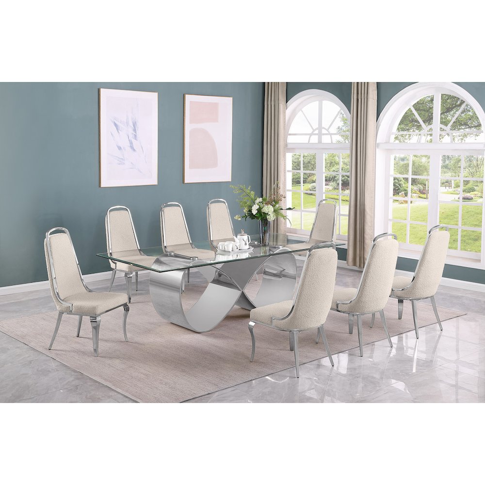 9Pc Tempered Glass Dining Set With 8 Cream Boucle Side Chairs And A Silver Base. Picture 7