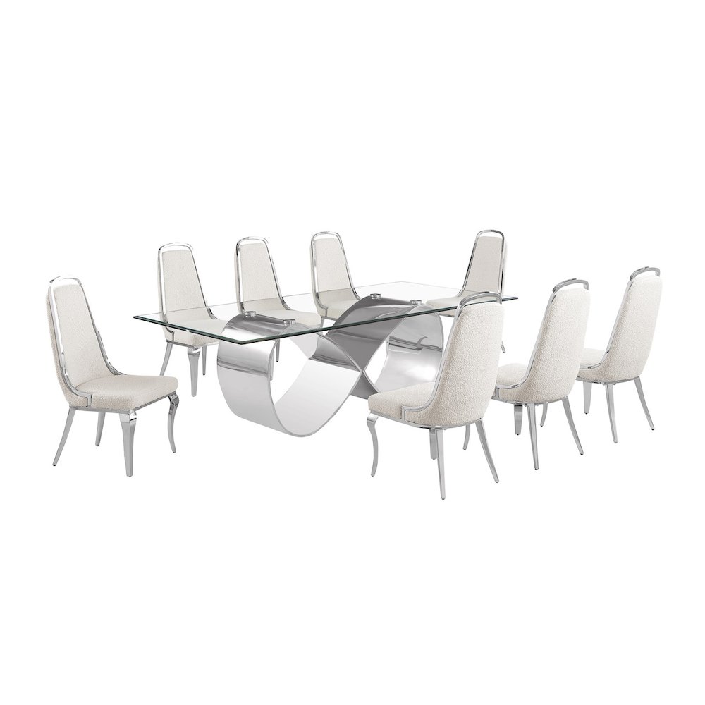9Pc Tempered Glass Dining Set With 8 Cream Boucle Side Chairs And A Silver Base. Picture 1