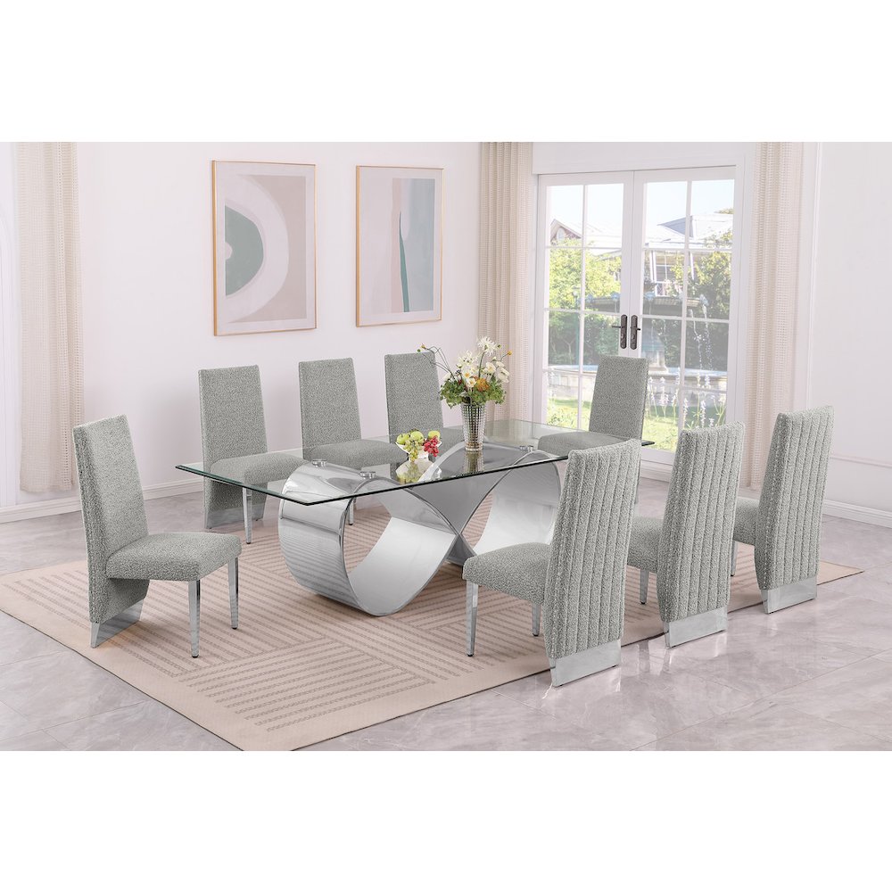 9Pc Tempered Glass Dining Set 8 Rich Gray Boucle Side Chairs And Silver Base. Picture 7