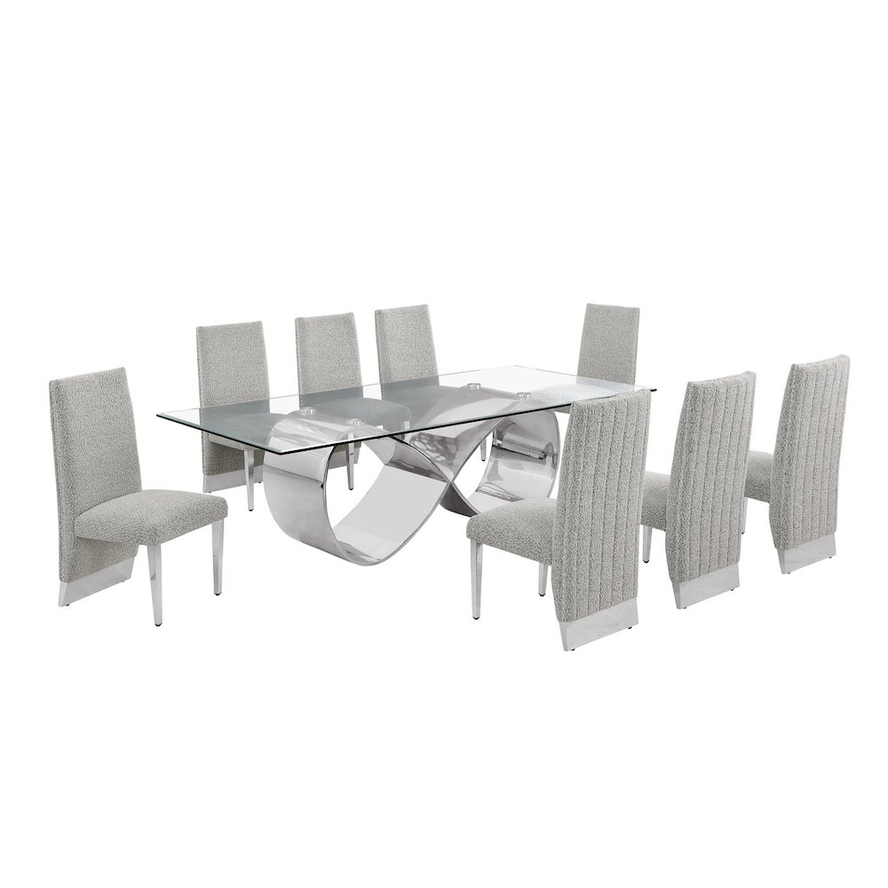 9Pc Tempered Glass Dining Set 8 Rich Gray Boucle Side Chairs And Silver Base. Picture 1