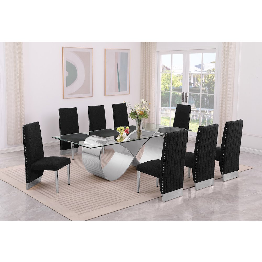 9Pc Tempered Glass Dining Set 8 Black Boucle Side Chairs And Silver Base. Picture 6