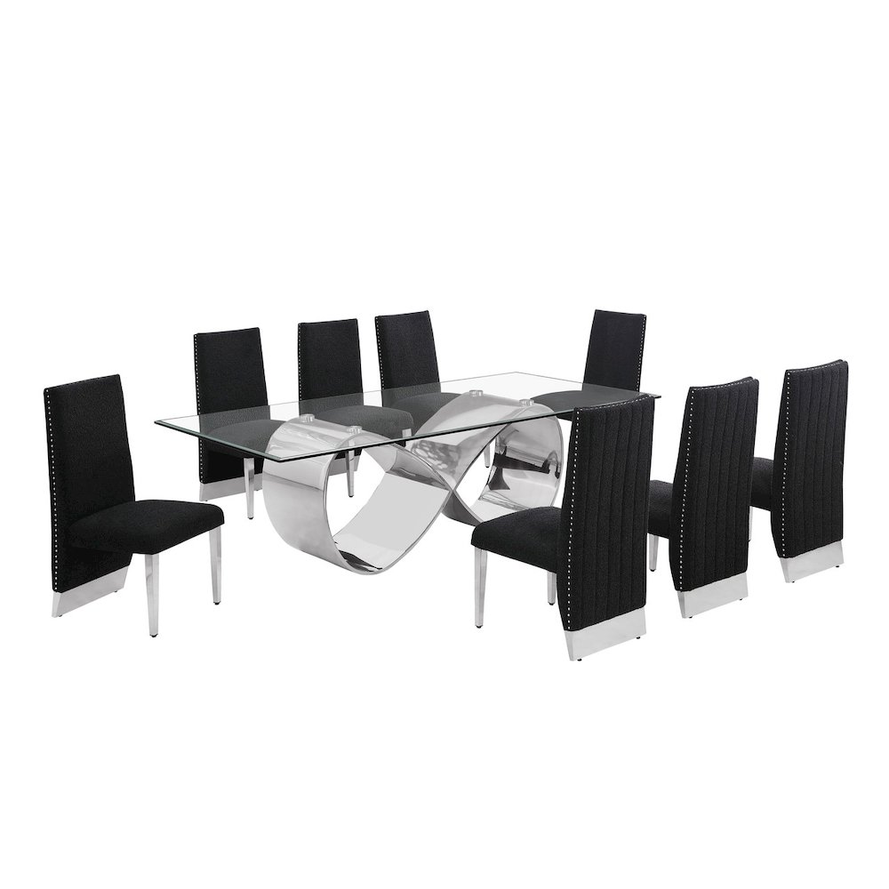 9Pc Tempered Glass Dining Set 8 Black Boucle Side Chairs And Silver Base. Picture 1