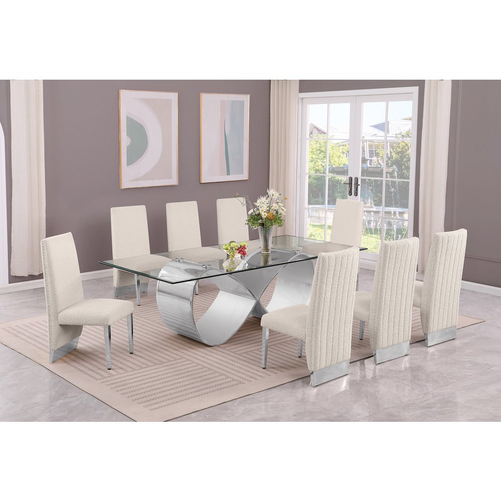 9Pc Tempered Glass Dining Set 8 Cream Boucle Side Chairs And Silver Base. Picture 6