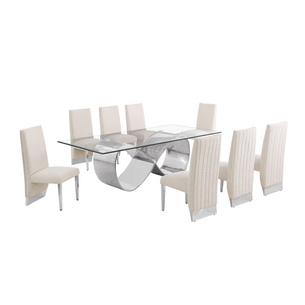9Pc Tempered Glass Dining Set 8 Cream Boucle Side Chairs And Silver Base. Picture 1