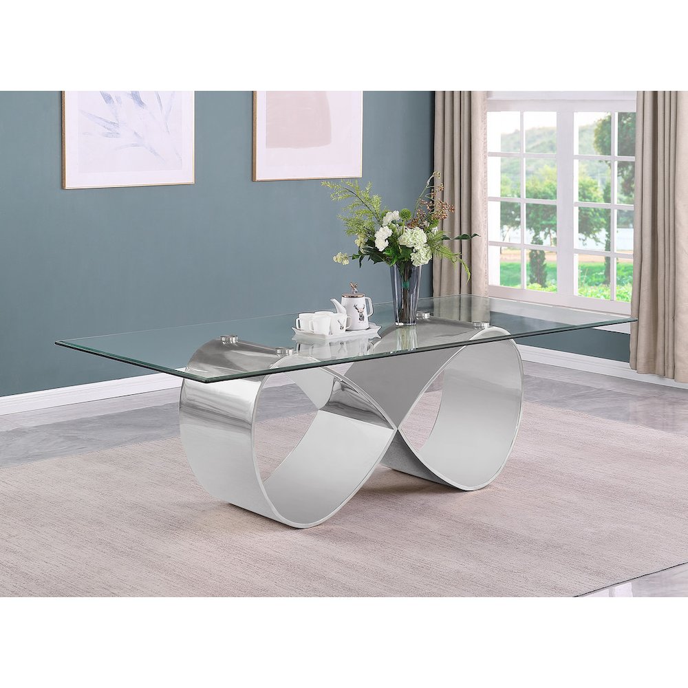 94X46 Tempered Glass Dining Table With An Infinity Silver Stainless Steel Base. Picture 4