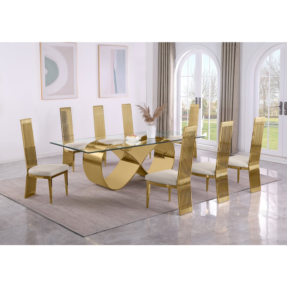 9Pc Tempered Glass Dining Set With 8 Cream Boucle Fabric Side Chairs. Picture 7