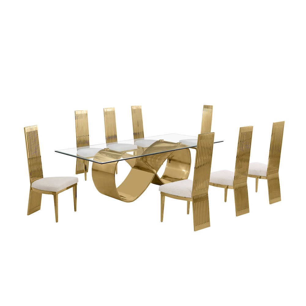9Pc Tempered Glass Dining Set With 8 Cream Boucle Fabric Side Chairs. Picture 1